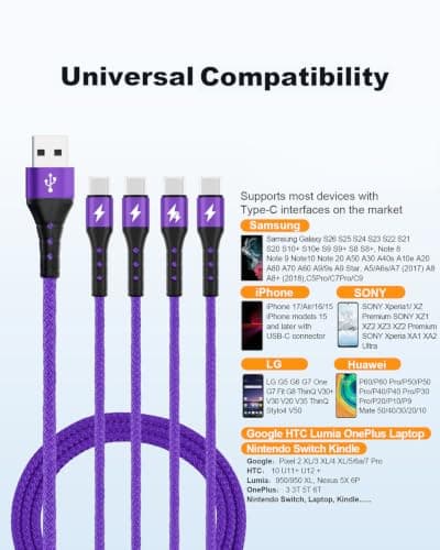SIQIWO 4 in 1 USB C Charger Cable, 3A Fast Charging Type C Cord 1.2M Purple — view 6