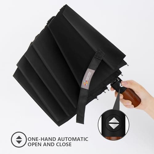 MIKAFEN Umbrella Windproof With Wood Handle - Travel and Automatic, Umbrella Compact for Men and Woman - with 10 Ribs Fiberglass and Compact Rain Protect（Black） — view 4