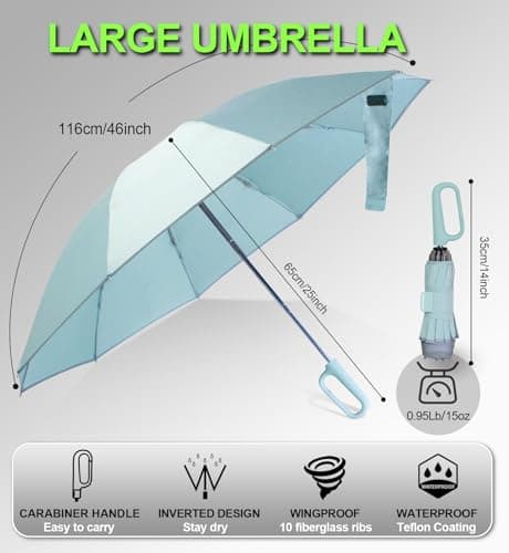 TUMAAOTU Compact Inverted Umbrella with Never Forget Carabiner Handle - Travel Umbrella Windproof Strong, Reverse Umbrellas for wind rain, Auto Open Close, 10 Rib Durable Frame for Women Men (Green) — view 4
