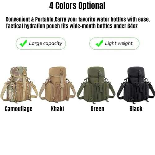 Gexgune Molle Water Bottle Pouch for 64 oz Wide Mouth Bottles - Military Grade Hydration Carrier with Adjustable Shoulder Strap, 2 Zipper Pockets & Front Mesh Pocket (Green) — view 6