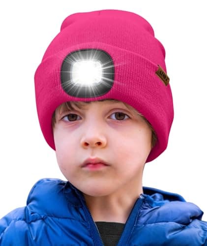 ATNKE Kids LED Lighted Beanie Hat,USB Rechargeable 4 LED Running Headlamp Ultra Bright Cap with Light Hands Free Head Torch Winter Warm Knit Beany Great Gifts for Boys and Girls/Rose Red