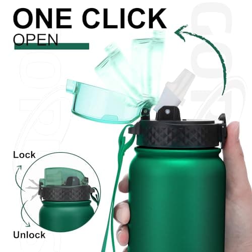 GOPPUS 1L/32oz Stainless Water Bottle with Straw Double Wall Insulated Bottles with Strap Reusable Vacuum Thermal Flask Leakproof Keep Cold Drinks Bottles with Flip Top Lid BPA Free (Green Black) — view 2