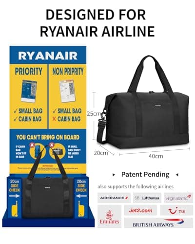 ECOHUB Ryanair Cabin Bags 40x30x20, 24L Underseat Hand Luggage Bag, Foldable Carry On Bag with Removable Wet Pocket, Water-Resistant Overnight Hospital Weekend Bag for Women, Black (Patent Pending) — view 2