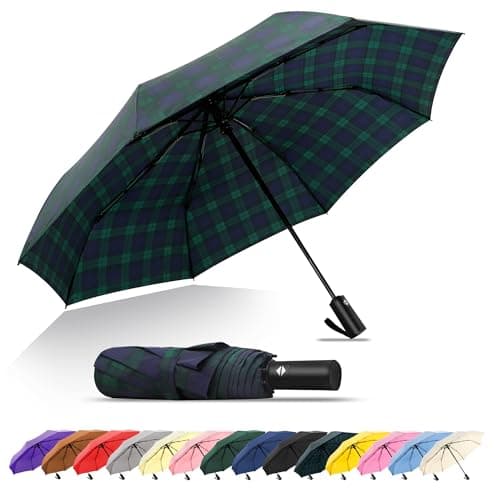 SoulRain Travel Umbrella - Windproof and Compact Umbrella for Rain - Perfect Large Auto Folding Umbrella - Ideal Car umbrella, Golf umbrella, and Travel Companion (Plaid Blue)