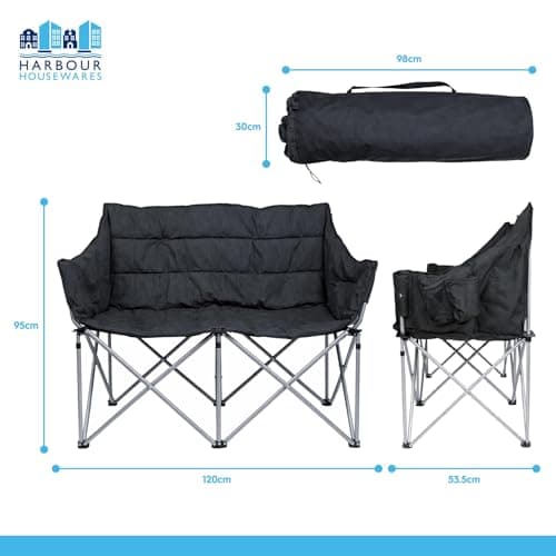 Harbour Housewares Folding Double Camping Chair – Grey - 2 Seater Padded Outdoor Chair, Steel Frame, Foldable Portable Seating, Garden, Festival, Picnic & Beach Chair with Carry Bag & Storage Pockets — view 3