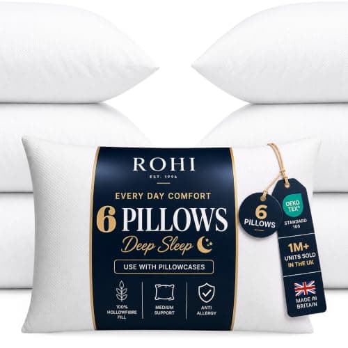 Rohi Everyday Comfort Pillows 6 Pack | Neck Support Hypoallergenic Pillow | Breathable Medium Firm Pillows for Back, Front & Side Sleepers | UK Made 45 × 66 cm