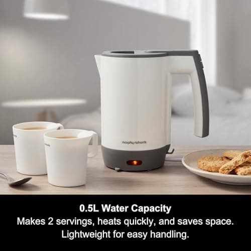 Morphy Richards Compact Travel Jug Kettle, 0.5L, Lightweight, Auto Switch Off, Boil Dry Protection, Hinged Lid, Fits Small Spaces and luggage, includes 2 Cups, White and Grey, 107001 — view 4