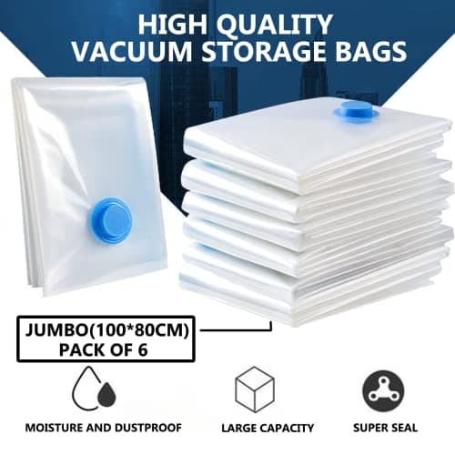 Vacuum Storage Bags for Clothes - 6 Pack 100 X 80cm Extra Large Reusable Clothes Storage Bags Vacuum Sealer Bags with Double Zip Seal Travel Space Saver Bags for Duvets, Bedding, Quilts, Pillows — view 6