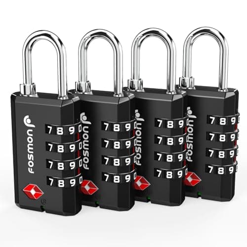Fosmon TSA Approved Luggage Locks (4 Pack), Resettable Multi-Use 4 Digit Combination Padlock 10,000+ Codes with Zinc Alloy Shackle, Ideal for Travel Bag, Suitcase, Locker, Backpack, Briefcase - Black