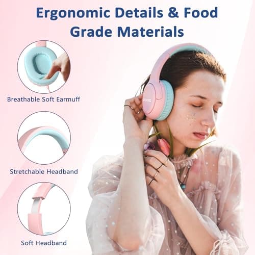 MOXKING Kids Wired Headphones with Microphone, Safe Volume Limiter, Pink — view 5