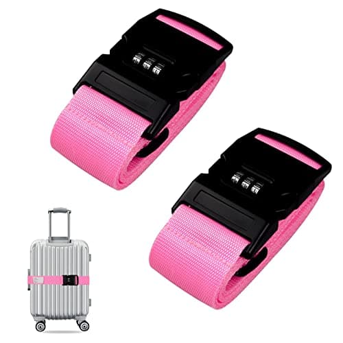 Luggage Strap, 2pcs Suitcase Straps with Password Lock Information Card, Adjustable Travel Packing Accessories Suitcase Belts with Buckle (Pink, 2 PCS Set)