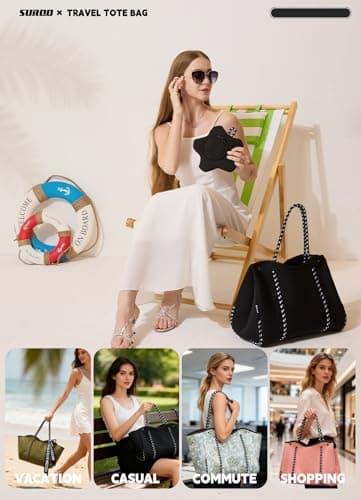 SURQO Neoprene Beach Bag for Women & Men, Large Travel Tote Gym & Pool Bag, Detachable Pouch, Obsidian Black, M, Obsidian Black Beach Bag Travel Tote Bags — view 2
