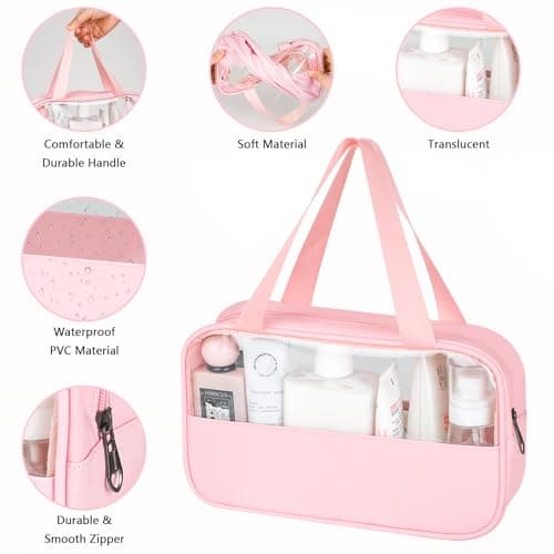MOXYOY Clear Travel Toiletry Bag,Portable Makeup Bag Cosmetic Wash Bags,with Zippers Travel Essentials,PVC+PU Hanging Transparent Waterproof Bag,Vacation Bathroom Organizer,for Women and Men (Pink) — view 3