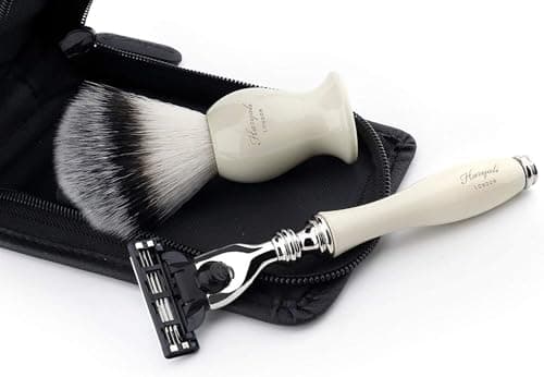 Travel Shaving Set with Synthetic Hair Brush & Triple Edge Cartridge Compatible Razor in a Faux Leather Travel Case Ivory/Off-White Handles by Haryali London — view 2