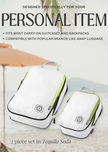 Compression Packing Cubes Set for Carryon Travel-Lightweight Durable Luggage Organizer Bags with Double Zipper by TRIPPED Travel Gear (2 Piece, White/Green) — view 2