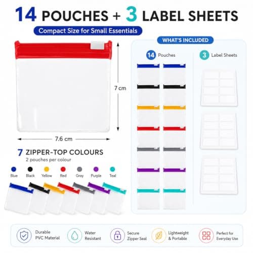 14 Pcs Reusable Zip Seal Pill Bags for Travel, Small Storage Pouches | Small Slide Lock Bags for Pills Vitamins and Jewellery, Waterproof Clear EVA Medication Pouches, Zippered Pill Pouch Set — view 2