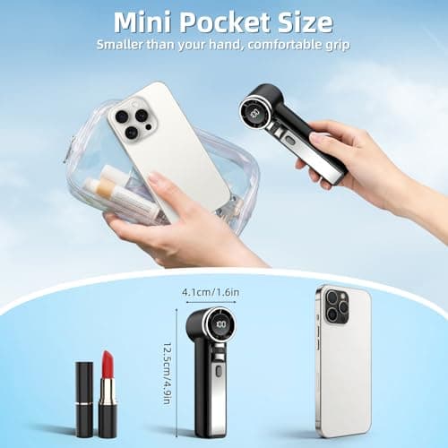 ELZO Portable Handheld Fan, High Speed Turbo Mini Fan (20000RPM) with 1-100 Stepless Speed, 4000mAh Rechargeable Personal Fan Pocket Size, Powerful Electric Hand Fan for Travel, Camping, Makeup,Black — view 5