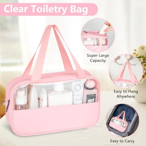 MOXYOY Clear Travel Toiletry Bag,Portable Makeup Bag Cosmetic Wash Bags,with Zippers Travel Essentials,PVC+PU Hanging Transparent Waterproof Bag,Vacation Bathroom Organizer,for Women and Men (Pink) — view 5