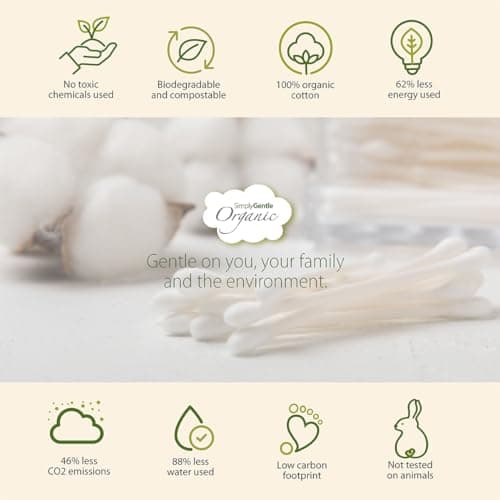 Simply Gentle Organic, Cotton Buds - 100% Organic Cotton & FSC Paper Stems - for Cleaning Delicate Areas Around Eyes and Outer Ears - Eco Friendly & Biodegradable - 200 Buds — view 6