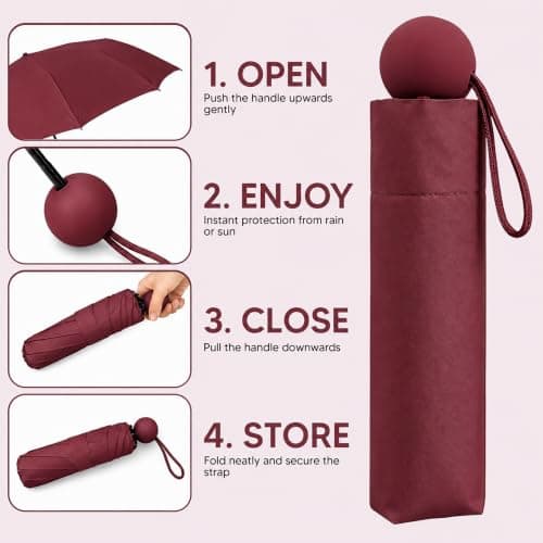 BMLIMITED BML Maroon Mini Folding Travel Umbrella Windproof Lightweight Portable Compact Pocket Umbrella for Men and Women Rain and Sun Protection with UV Protection — view 4
