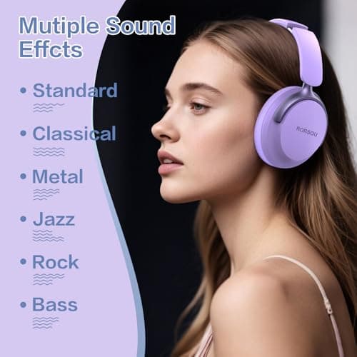 RORSOU B8 Bluetooth Headphones Over Ear, 6 EQ Music Modes and 50H Playtime Deep Bass Wireless Headphones with Mic, Lightweight Folding HiFi Stereo Headset for iPad/Travel/Tablet/PC/Home Purple — view 4