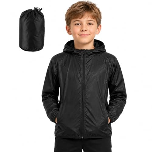 Kids Waterproof Jacket – Lightweight Packable Raincoat for Boys & Girls, UPF 50+ Sun Protection with Carry Pouch – Ideal for Hiking, Camping & School (UK, Age, 6 Years, 7 Years, Regular, Black)
