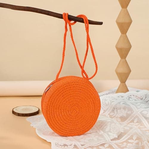Jamron Handmade Round Straw Bag Crossbody Shoulder Bag Bohemian Beach Bag with Zipper SN0702152 Big Orange — view 6