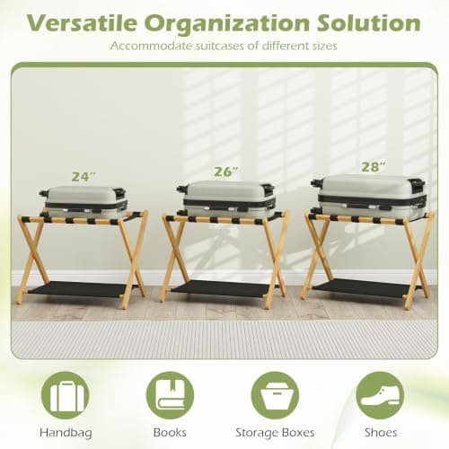 COSTWAY Bamboo Luggage Racks Set of 2, Folding Suitcase Stand with Straps and Oxford Cloth Storage Shelves, Portable Backpack Luggage Holder for Guest Room, Bedroom, Hotel, 68x46x53cm (Natural+Black) — view 3