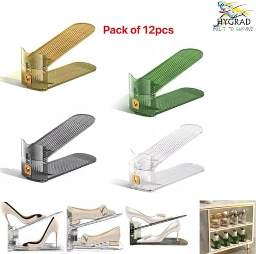 HYGRAD Pack Of 12 Shoe Organisers Acrylic Slots Shoe Storage Organiser 3 Level Heights Shoe Cabinet Organisers Non Slip Shoe Rack Slots For All Shoe Types (Gold) — view 5