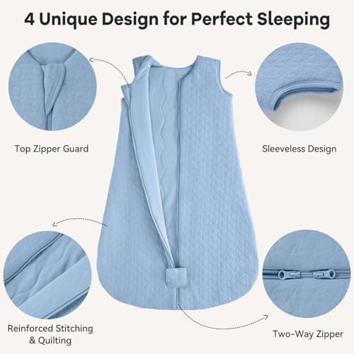 Unnivoll Baby Sleeping Bag 2.5 Tog 0-6 Months 100% Cotton Winter Sleeping Bag Baby 2-Way Zipper Quilted Sleep Sack for Newbron Infant Warm Soft Blue — view 3