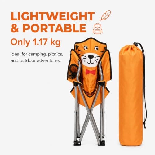 Envenzo Kids Folding Camping Chair, 4 Assorted Animal Designs, 600D Polyester, with Cup Holder and Security Lock, 35x35x60cm (1, ORANGE) — view 4