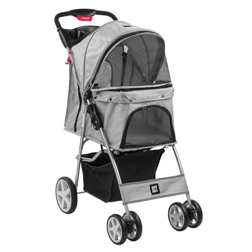 KCT Hooded Foldable Pet Dog Cat Stroller Grey- 4 Wheel Travel Carriage with Safety Leash,Canopy, Cup Holder, Storage Tray
