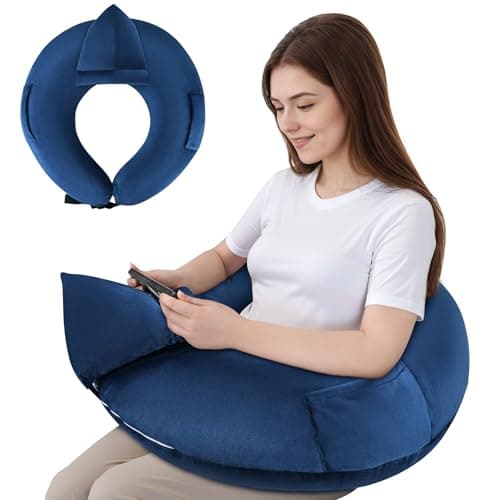 INFANZIA Reading Pillow for Gaming, Arm Rest Support Pillow, U-Shaped Lap Pillow with Side Pocket for Bed & Sofa, Compact Gaming Pillow with Tablet Support for Reading, Crocheting, Working (Blue)