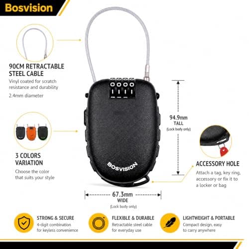 Bosvision Ultra-Secure 4-digit Combination Lock with 90cm Retractable Cable for Bike, Ski, Snowboard and Stroller — view 2