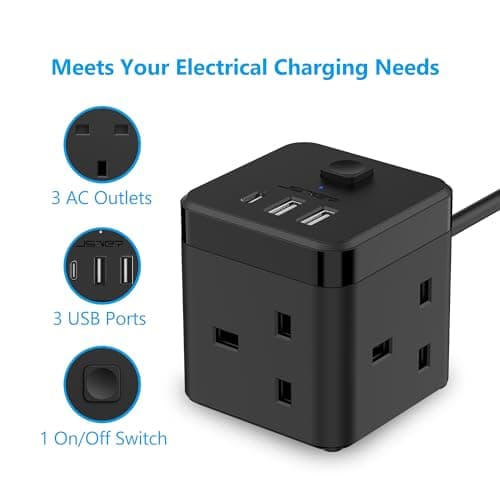 JSVER Cube Extension Lead with 3 USB Ports (5V/2.4A) 3 Outlet Power Strip with Switch Power Socket with 200cm Cable for Home, Office, Hotel, Travel -Black — view 2