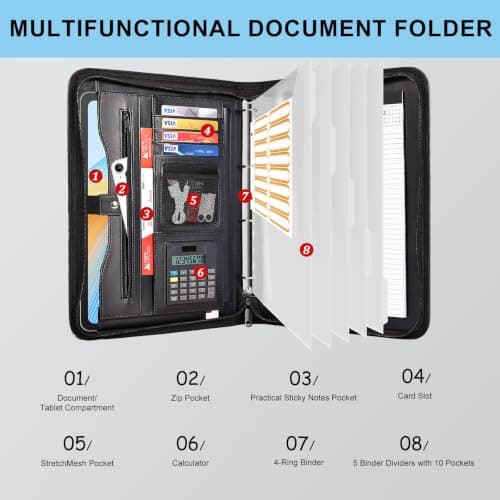 Leathario Portfolio Folder A4, Vegan Leather Conference Folder, 4-Ring Travel Document Holder with 5 5-Part File Dividers, Multi-Pocket Document Folder Organiser, Office Supplies — view 4