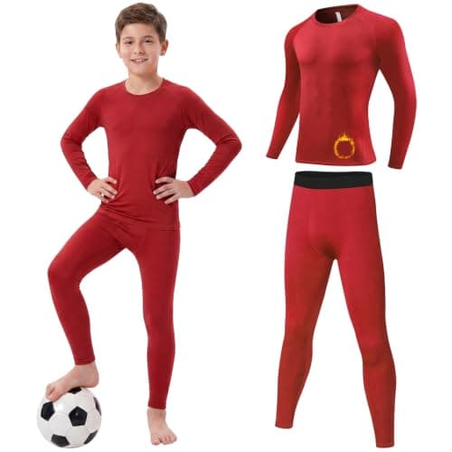 Hotfiary Kids Boys Thermal Base Layer Set Football Skin, Red, 8-9Y