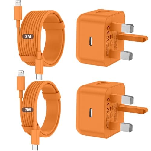 iPhone Charger Fast Charge 20W PD Fast for Apple Charger UK USB C Plug With 2M&3M iPhone Fast Charger Cable [ MFi Certified] Lightning Cable for iPhone 14 13 12 11 Pro Max, iPad (Orange, 2Packs)