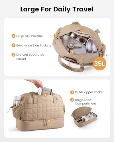 LOVEVOOK Travel Bags for Women, Lightweight Puffer Weekend Maternity Hospital Overnight Holdall Duffel Bags, Gym Bag with Shoe Compartment & Wet Pocket, Carry On Hand Luggage for Flight Sports, Khaki — view 3
