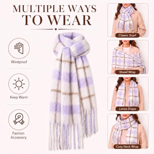 Fjquamitix Womens Blanket Scarves Winter Warm Tartan Plaid with Fringes — view 5