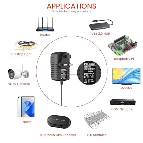 12V 2A DC Power Supply UK Plug AC Adapter with 8 DC Plug Tips, Converter Driver AC 100-240V Supply to DC 12V, AC to DC Converter Adapter Transformer for CCTV Camera, USB 3.0 HUB, LED Lights — view 4
