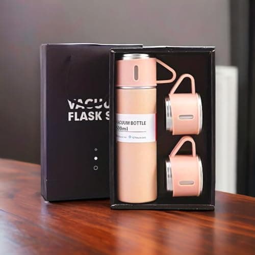 Modern Travel Thermal Flask Set - Flask Set Stainless Steel Vacuum Insulated Bottle with Extra 2 Cup for Hot and Cold Drink (Pink) — view 4