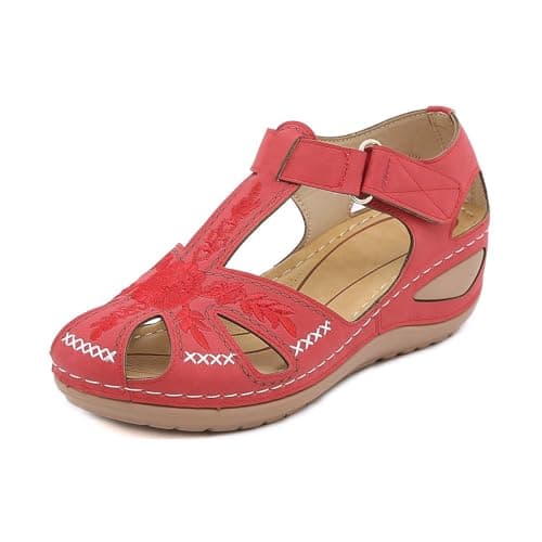 Generisch Women's Summer Sandals Casual Hollow Embroidery Wedge Heel Slip-On Shoes for Beach Holiday Hiking Comfortable Travel Shoes, red, 8 UK — view 2