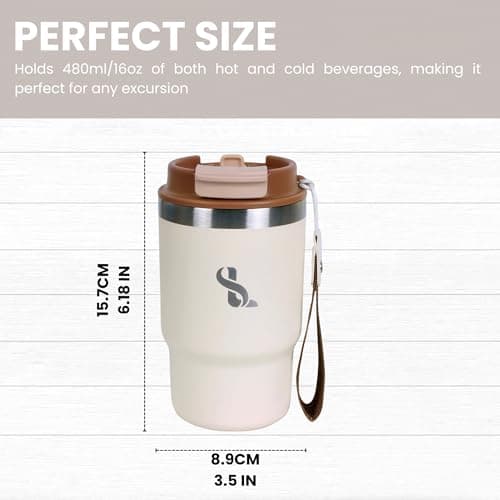 SimplyLivin Insulated Coffee Cup Travel Mug 480ml 16oz | Tumbler Flask with Straw & Spout Lid | Leakproof | 8H Hot 12H Cold | Reusable Coffee Cup | Stainless Steel Tumbler | Gift | Classic Beige — view 3