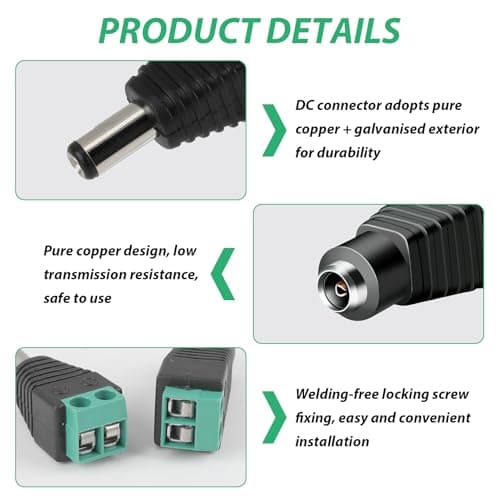 brileze 20 Pack DC Power 5.5 mm X 2.1mm 12V Male Female Jack Waterproof Connector Screw Terminal Adapter Socket Plug Barrel Power for CCTV Security Camera Led Light Strips — view 3