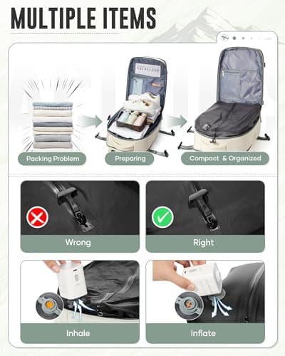 WEPOET Vacuum Backpack Travel with Pump for Man Women, Travel Carry on Flight Approved, Large Capacity Compression Backpack, Waterproof Laptop Backpacks Casual Daypack, White and Green — view 4