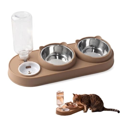 3-in-1 Cat Food and Water Bowl Set, Stainless Steel, Stand Tilted