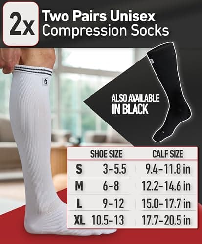CORE GORIMO - 2 Pairs - Compression Socks for Women and Men - Breathable - Flight Socks Women & Men and Compression Stockings for Standing Work, Flying & Sport (White, 6 - 8) — view 2