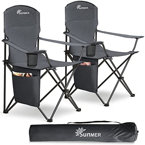 SUNMER Folding Camping Chairs - Set of 2, Extra-Wide Lightweight Outdoor Chairs with Armrests, Cup Holder and Side Pocket - 120kg Capacity per Chair - Professional Travel & Garden Seating - Dark Grey