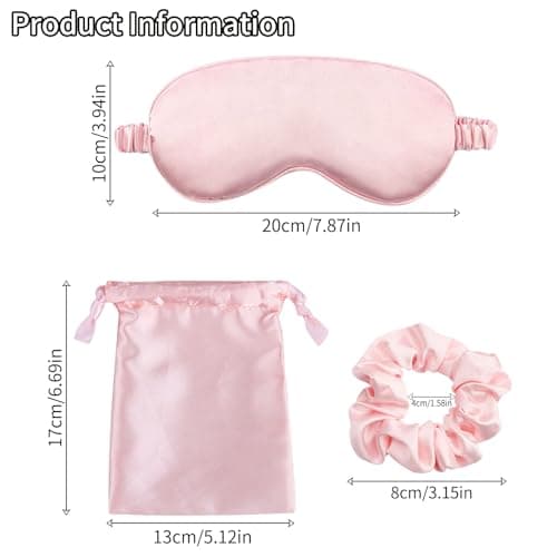 Silk Eye Mask for Sleeping, 3 Pcs Sleep Mask Set Super Soft Eye Masks Silk Sleep Eye Mask with Hair Scrunchie and Travel Pouch for Women Girls (Pink) — view 2
